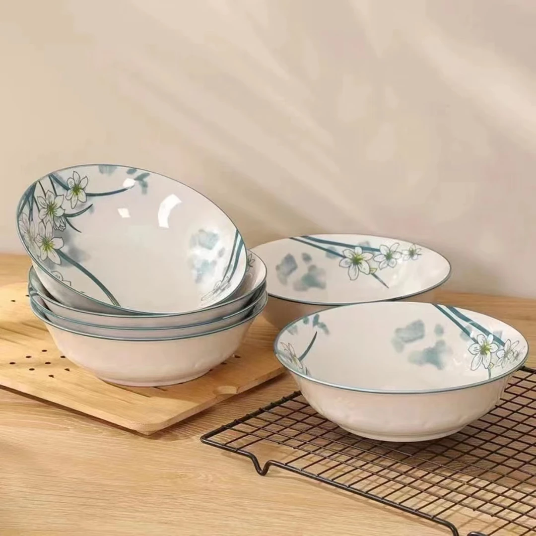 家用水仙花面碗6个装 陶瓷碗7英寸【麻将机浮力】