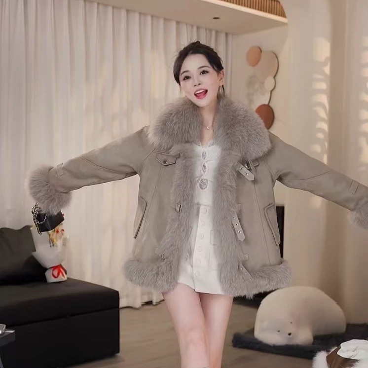 【若一衣】冬季新款机车风狐狸毛女鹅绒内胆年轻时尚外套