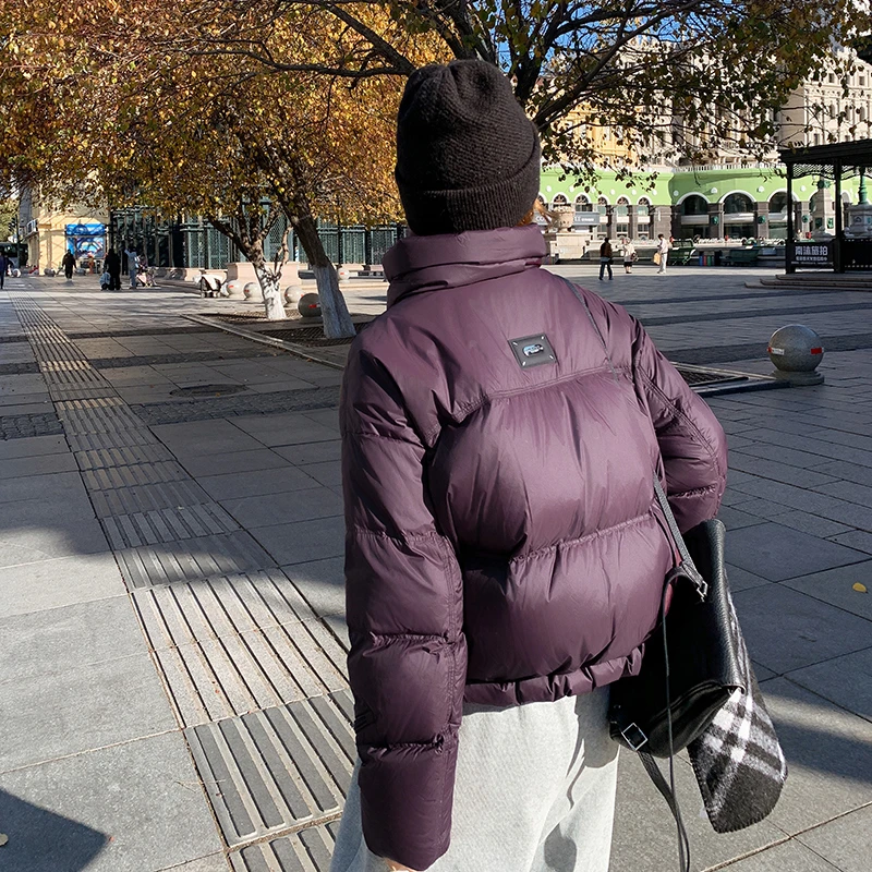 酱紫色短款羽绒服女冬季新款韩系小个子90白鸭绒加厚面包服