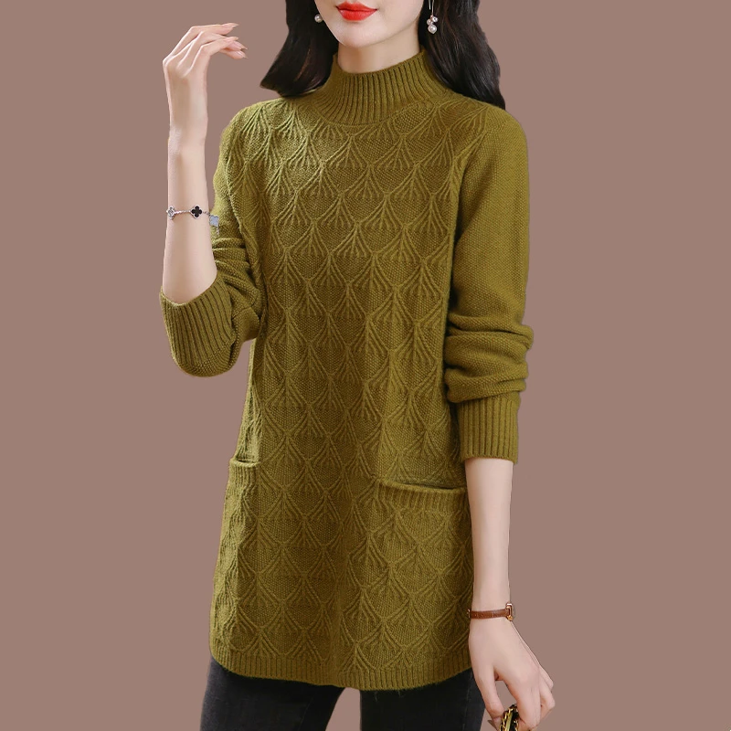啄木鳥中长款加厚毛衣女2023秋冬季新款中年妈妈装半高领羊毛针织