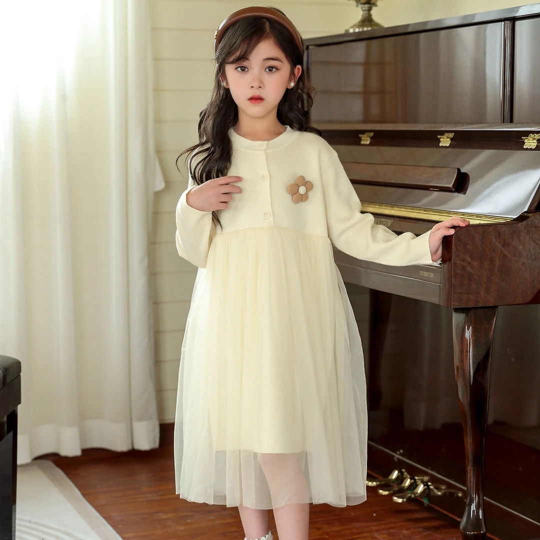 秋季时尚可爱高品质女童纱裙韩版洋气小女孩针织儿童长袖连衣裙