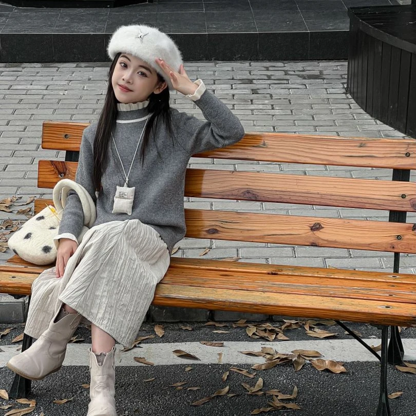 女童毛衣秋冬加绒打底衫新款儿童半高领针织内搭女孩一体绒弹力衫