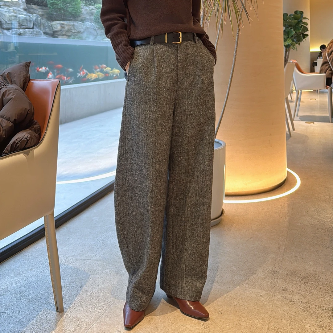 【076】GLACE轻奢高级感复古毛呢休闲裤女2025冬季时尚百搭西装裤