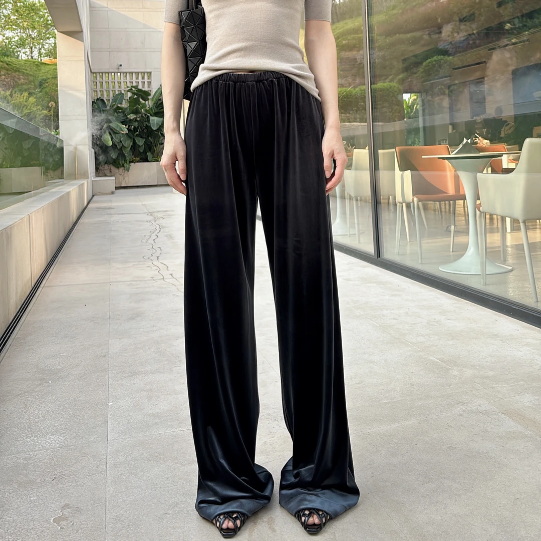 639 春季新款醋酸丝绒休闲阔腿裤慵懒感显瘦高腰直筒垂坠感拖地裤