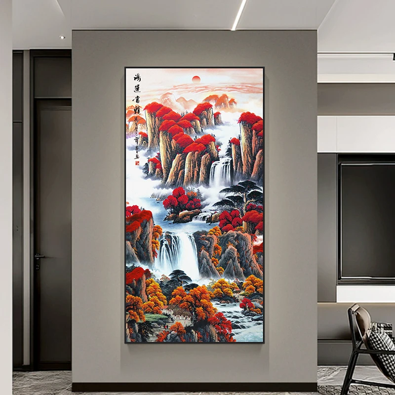 鸿运当头国画山水画招财靠山中式进门聚财玄关装饰画过道挂画LSU