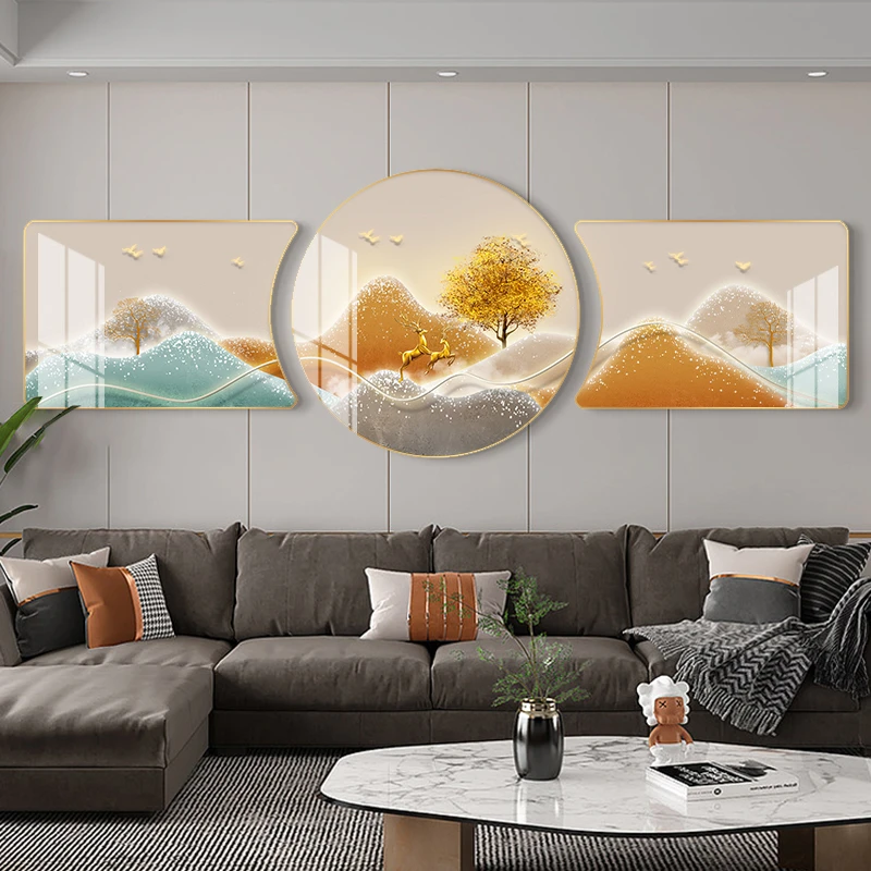 时尚金山福鹿现代轻奢装饰沙发背景墙餐厅客厅新款三联画简约大气