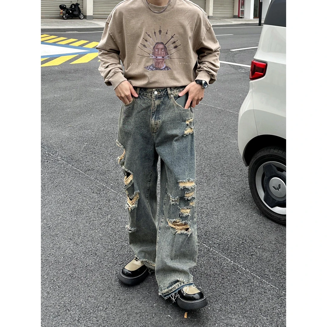 设计感ins潮牌宽松直筒破洞牛仔裤男女情侣款阔腿裤个性乞丐长裤