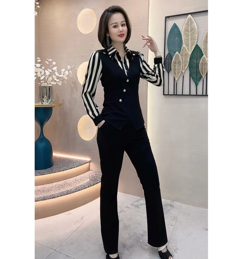 雅俪莎【高端定制】气质百搭撞色修身显瘦套装8615