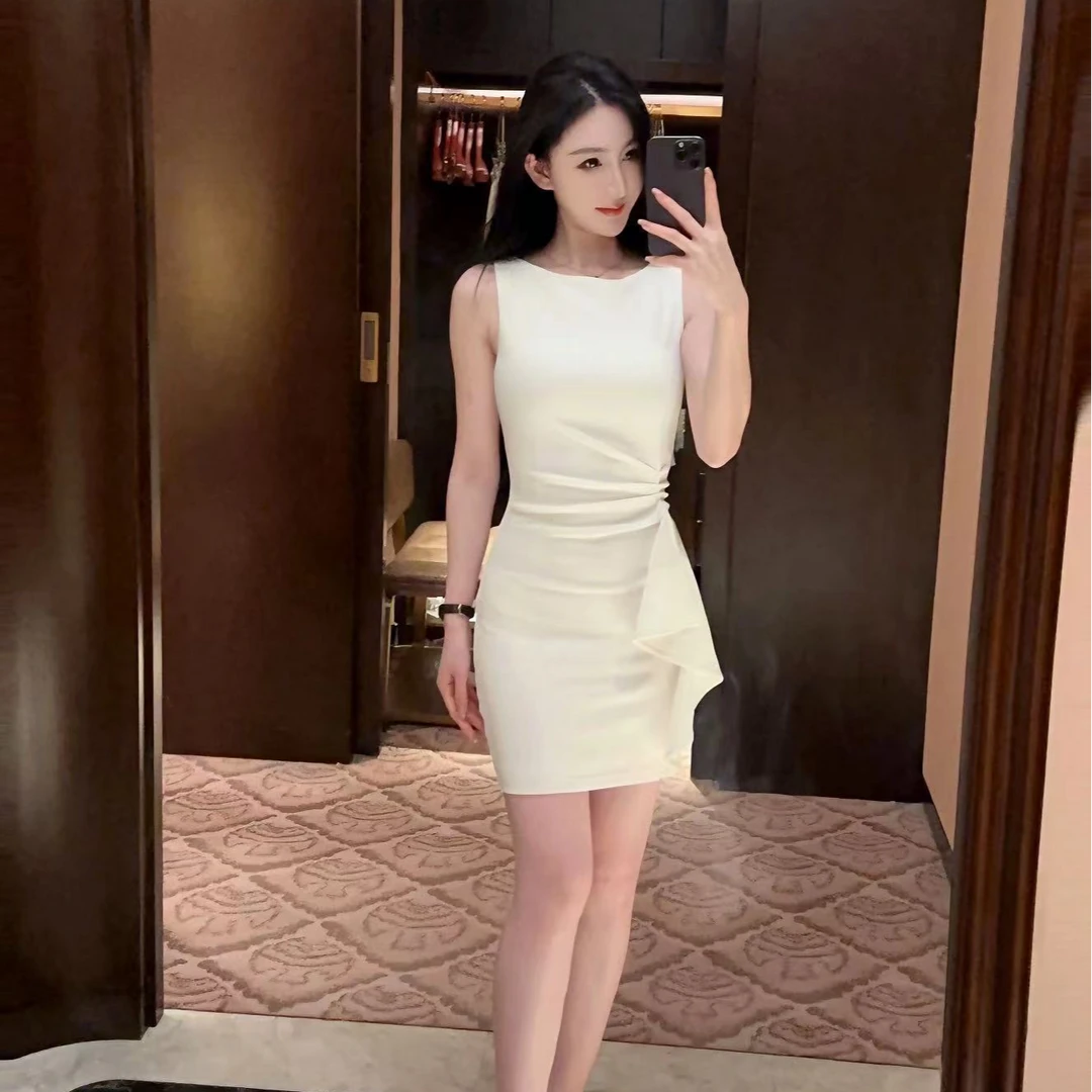 法式简约荷叶边无袖收腰褶皱包臀连衣裙