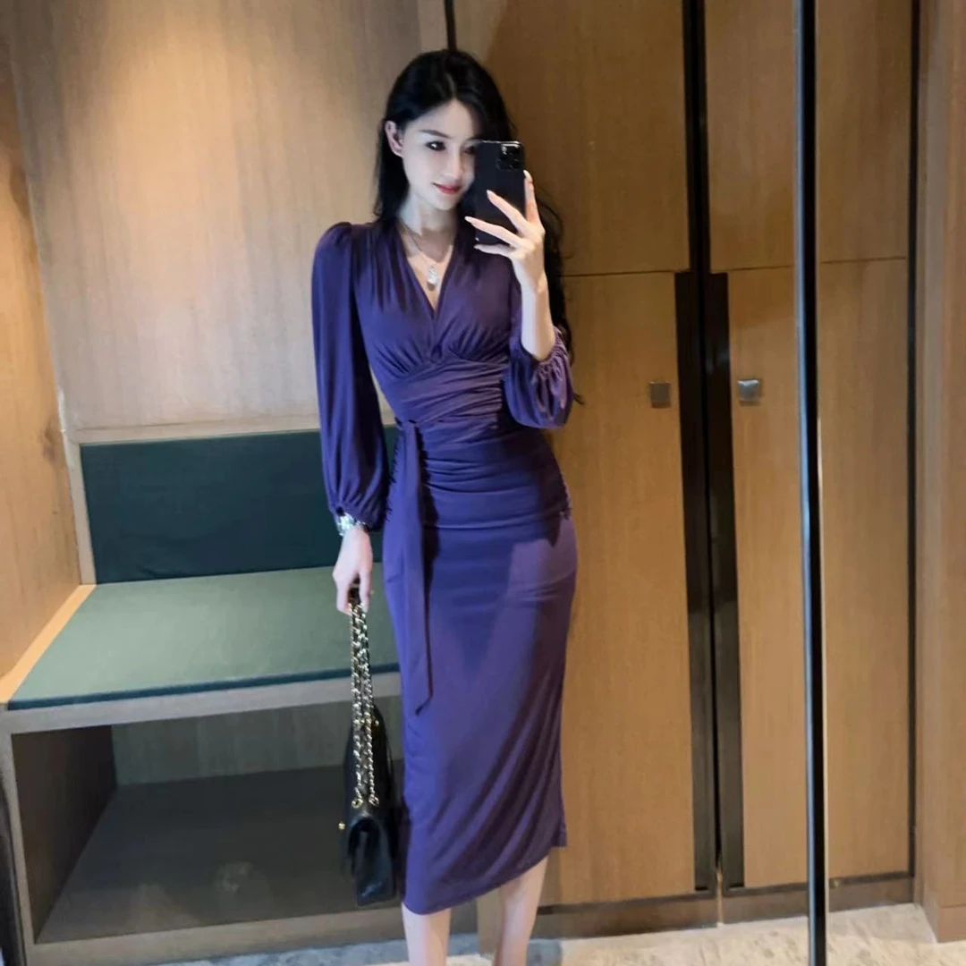 法式优雅V领泡泡袖收腰绑带褶皱包臀连衣裙