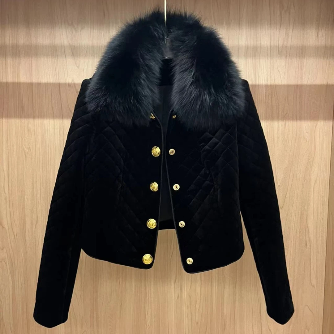 百搭长袖单排扣绒面菱格压线翻领法式气质短外套