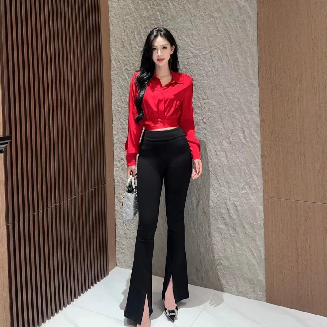 气质百搭翻领短款收腰扣带长袖上衣