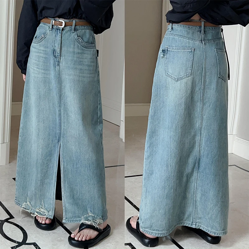 多金2025欧货夏季中长款牛仔裙显瘦设计感开叉破洞半身裙3253