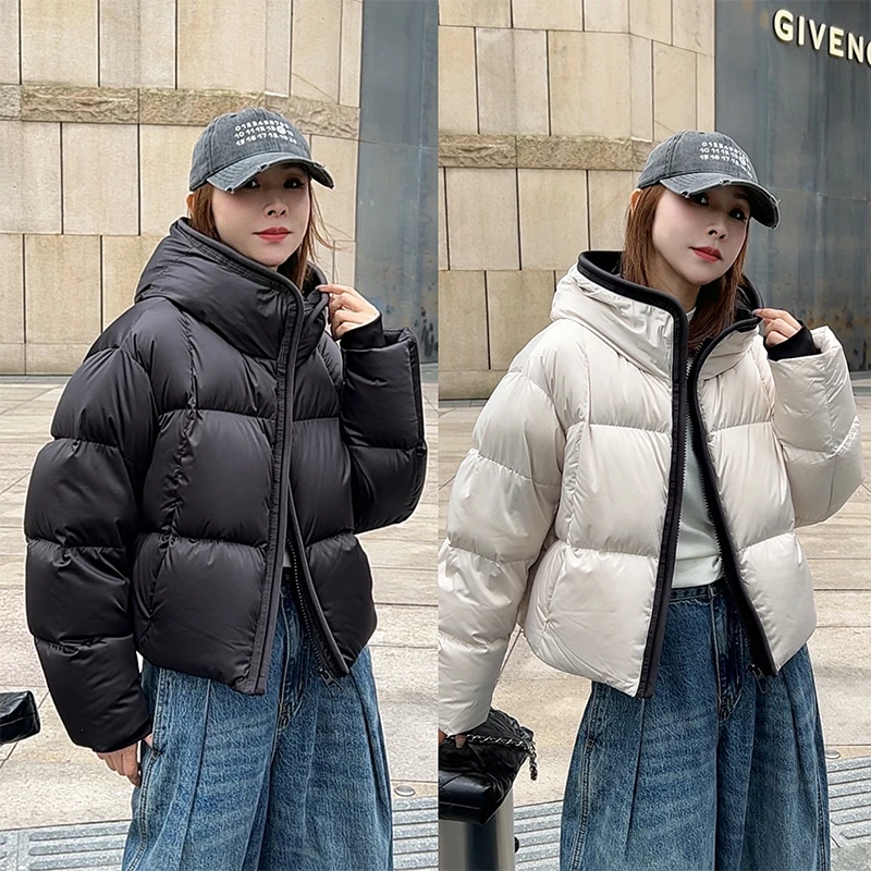 2024冬季气质撞色正品高级感加厚白鸭绒短款保暖羽绒服外套女韩版