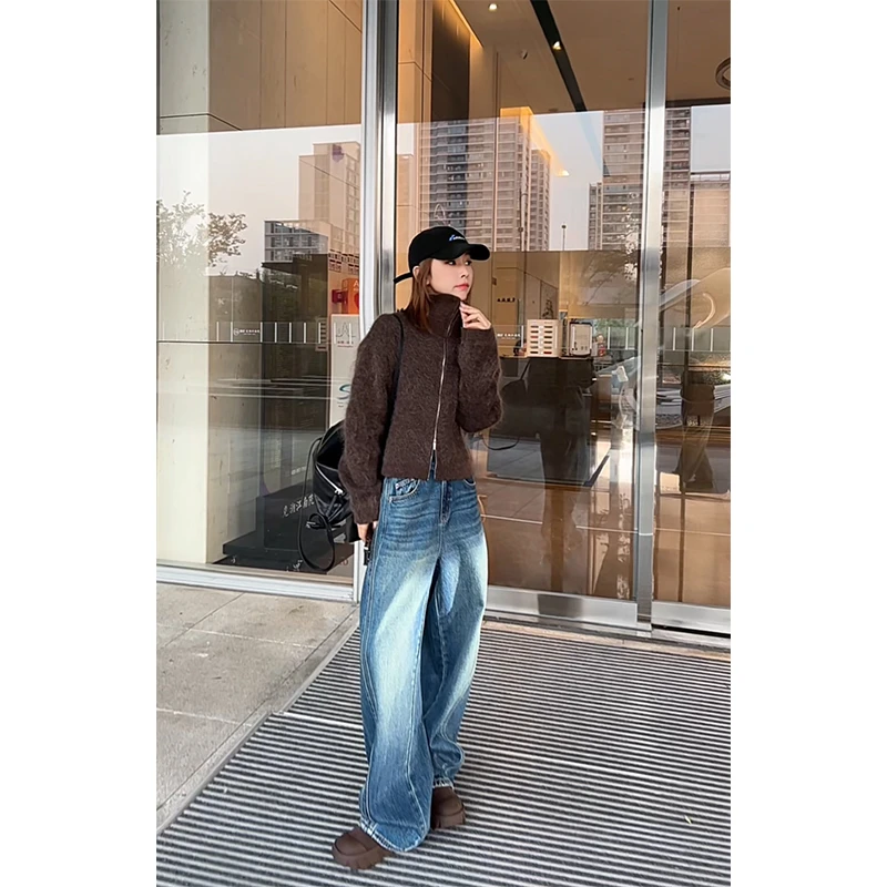 韩系设计感双拉链女超轻保暖高级感复古短款毛衣外套K2V1-1