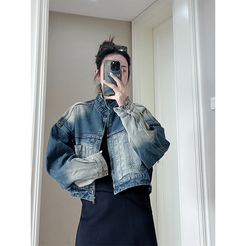 多金2025欧货秋季新款复古立领水洗牛仔外套女