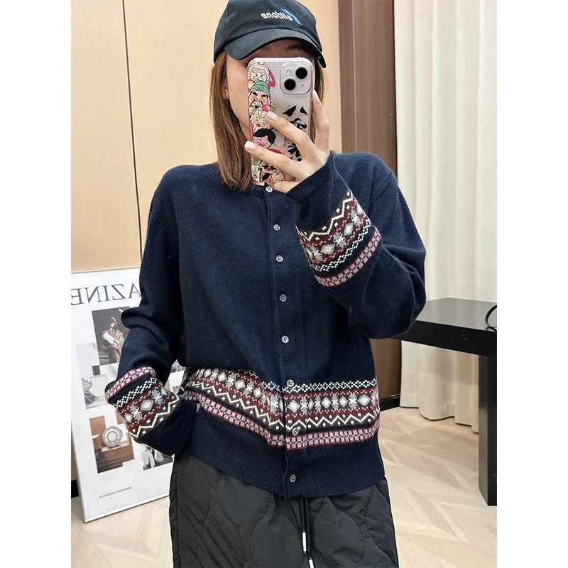 拼色边欧货正品时尚撞色提花针织开衫宽松圆领长袖复古毛衣