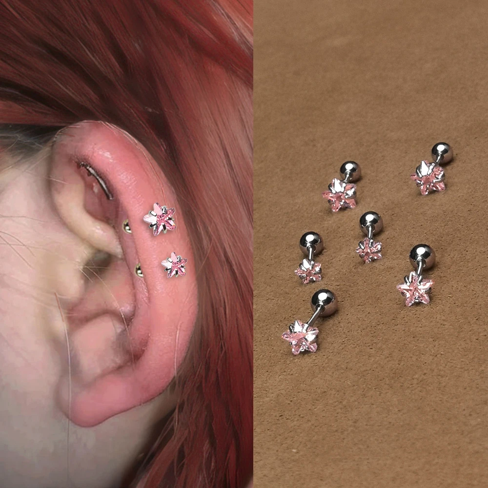 钛钢合成锆石耳饰 0.8MM细针超闪粉色五角星耳骨钉女免摘耳蜗钉