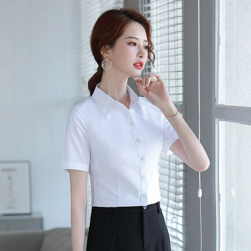 白衬衫女短袖工作服长袖春秋职业正装工装方领V领修身白色衬衣
