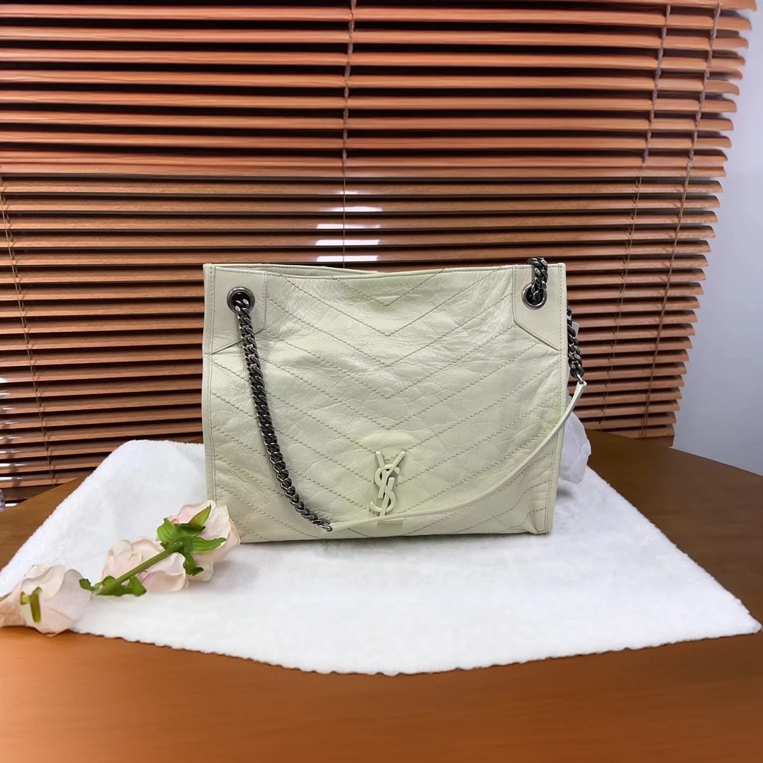 95新 YSL/圣罗兰 奶白色niki购物袋单肩包/优尔严选/55356