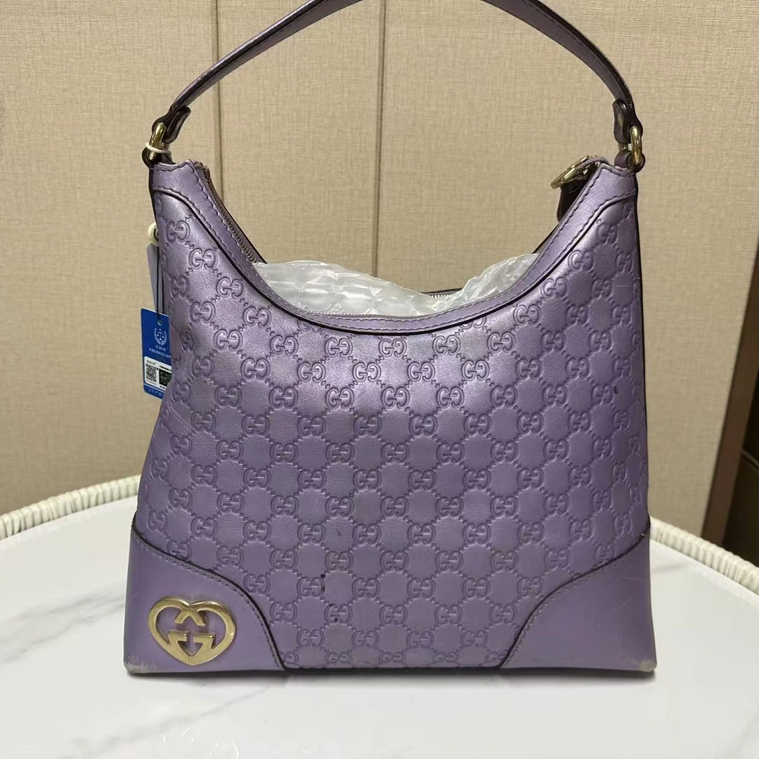 95新 GUCCI/古驰 紫色压纹腋下包/优尔精选/58625顺延
