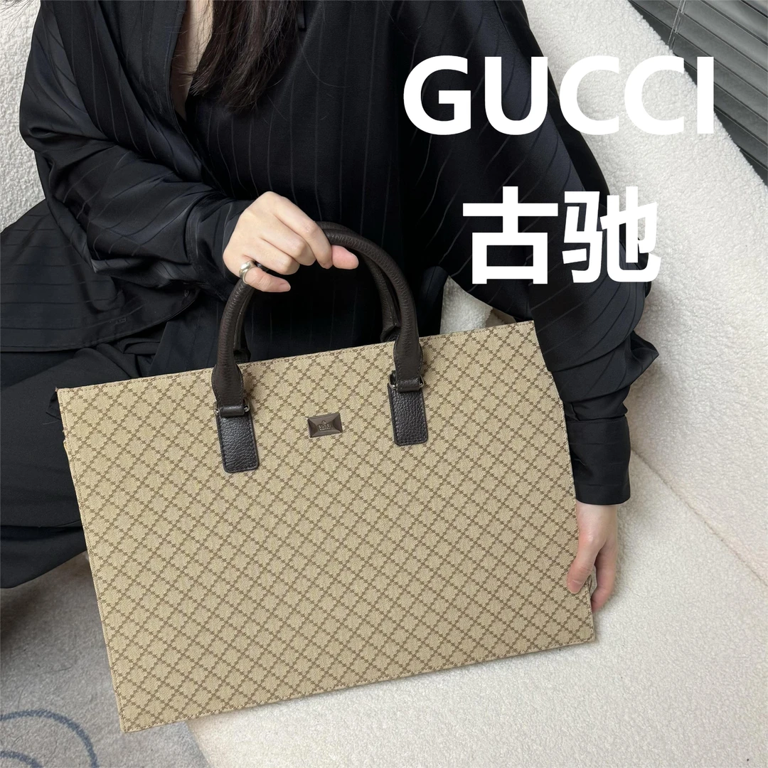 95新 GUCCI/古驰 黄色菱格纹公文包托特包/甜/69999