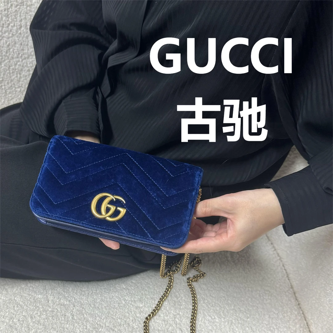 95新 GUCCI/古驰 深蓝色丝绒woc斜挎包/甜甜精选/65769顺延
