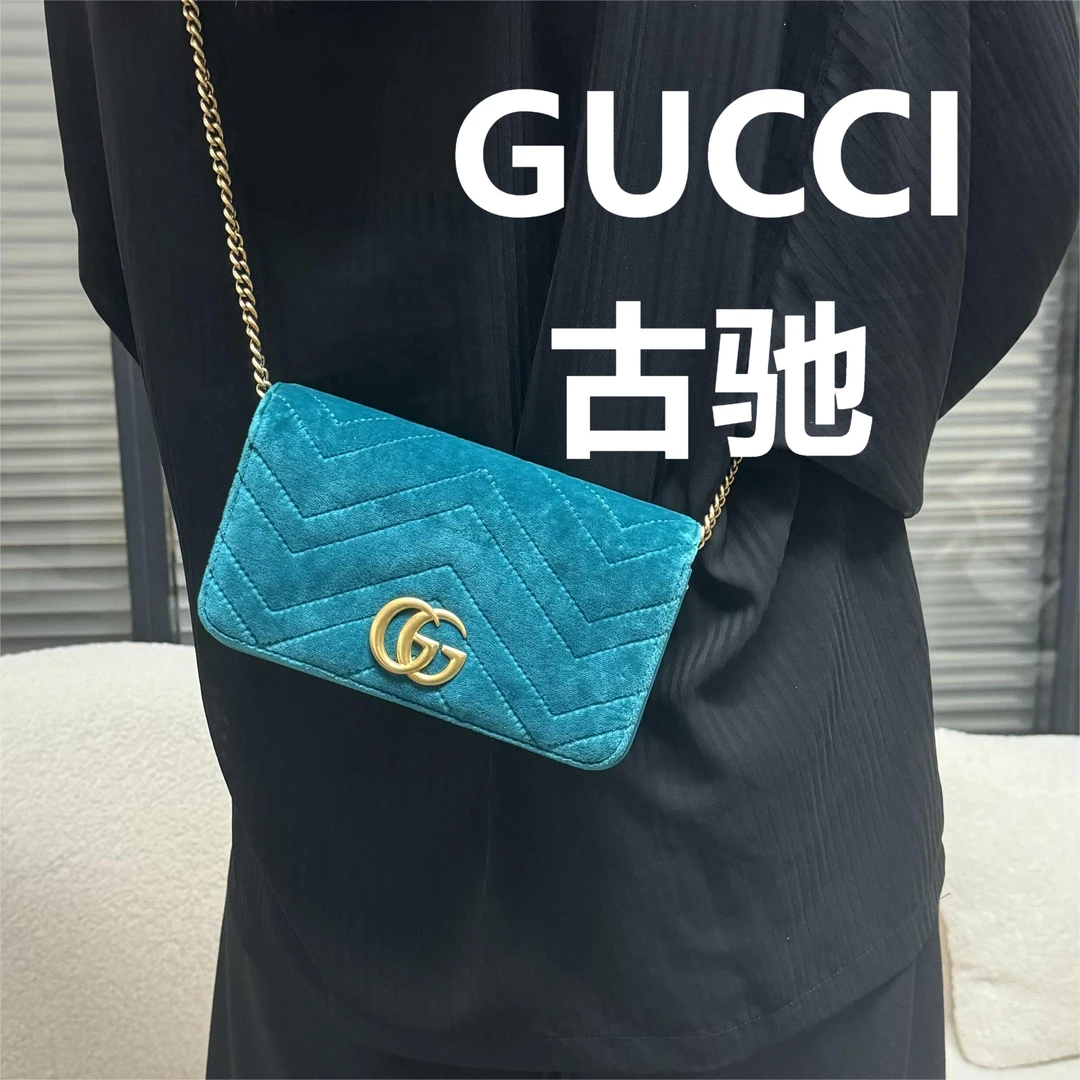 95新 GUCCI/古驰 孔雀绿丝绒woc斜挎包/甜甜精选/64992顺延