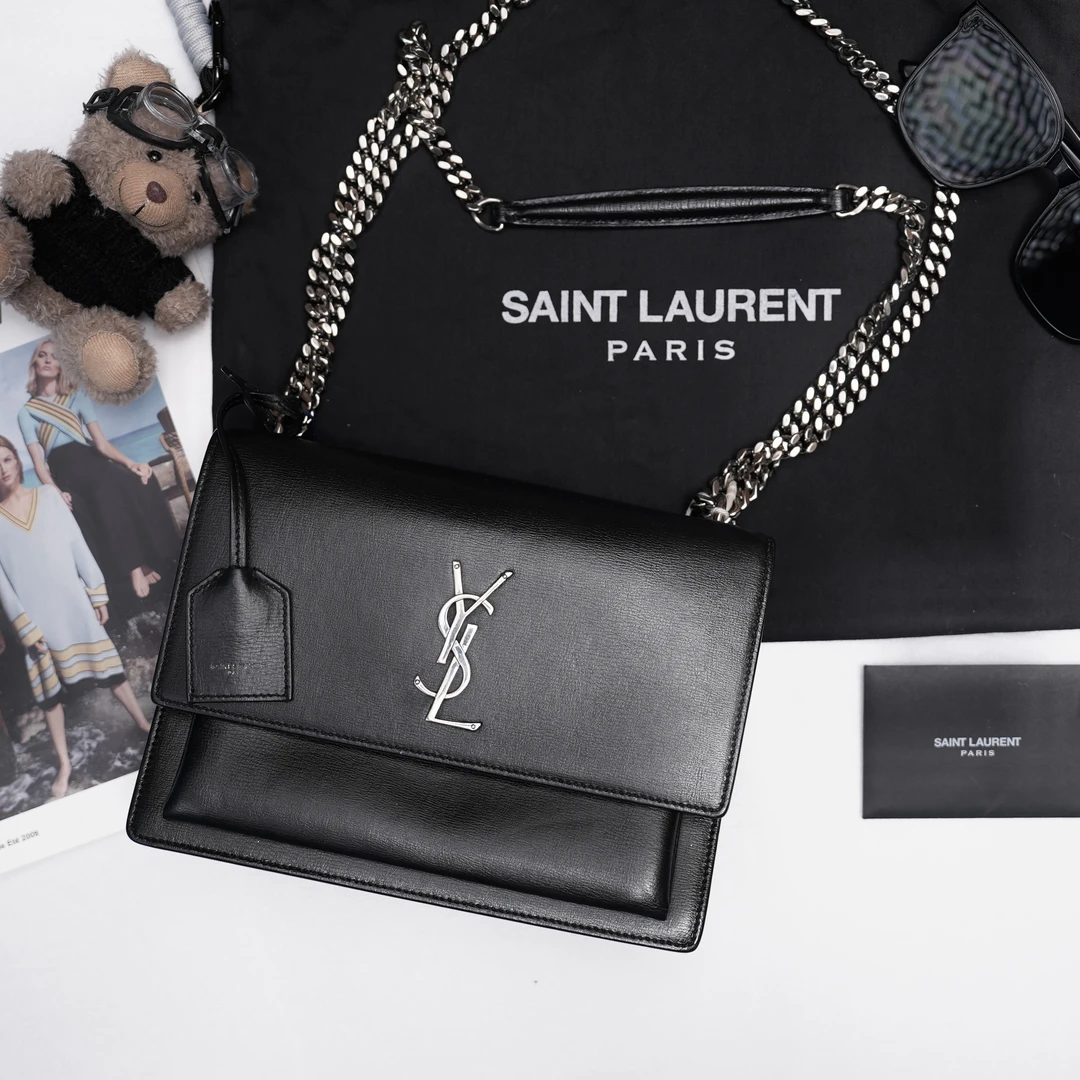 95新 YSL/圣罗兰 黑色牛皮日落包/优尔精选/54719