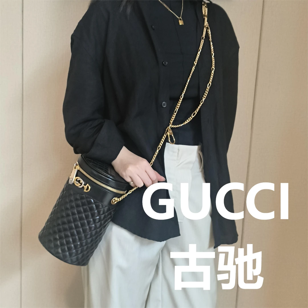 99新 GUCCI/古驰 黑色菱格纹zumi圆筒水桶包/甜甜精选/51188