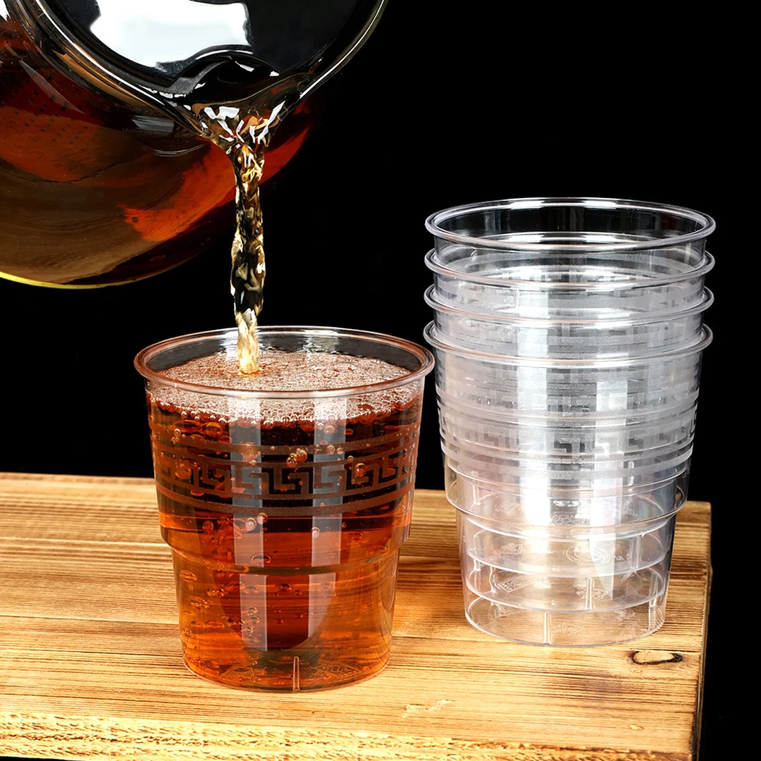 一次性航空杯加厚硬塑古典花纹杯透明耐高温饮水杯