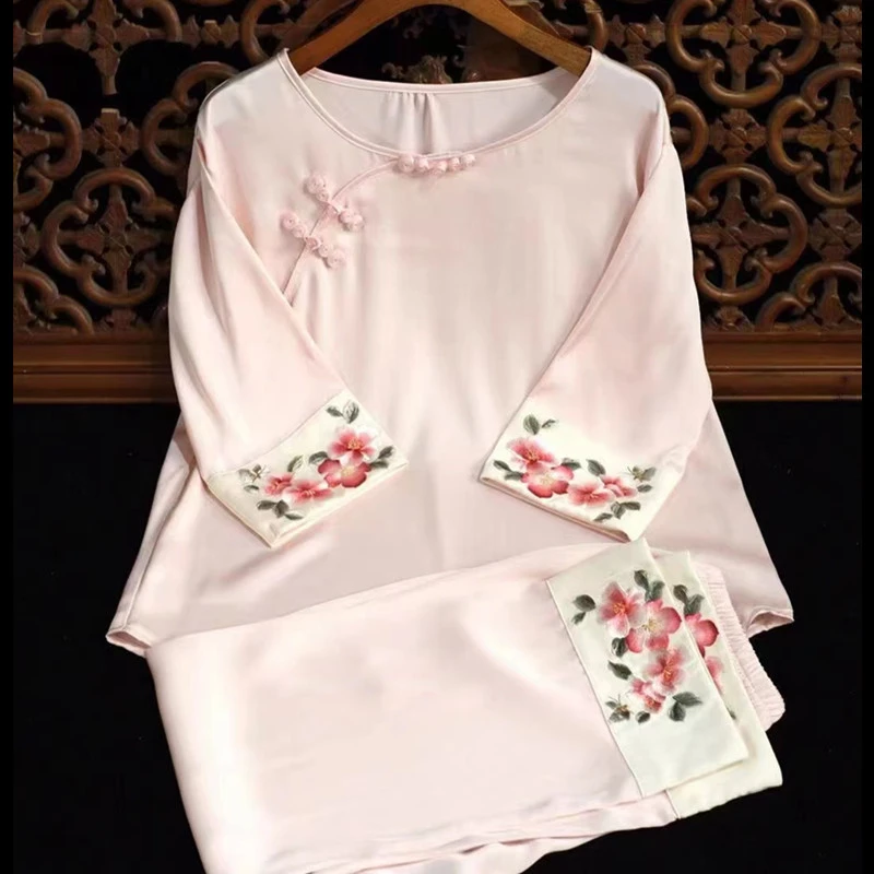 绣睡衣套装气质女装上衣长袖女士民国风民国风中国风春夏特惠苏绣