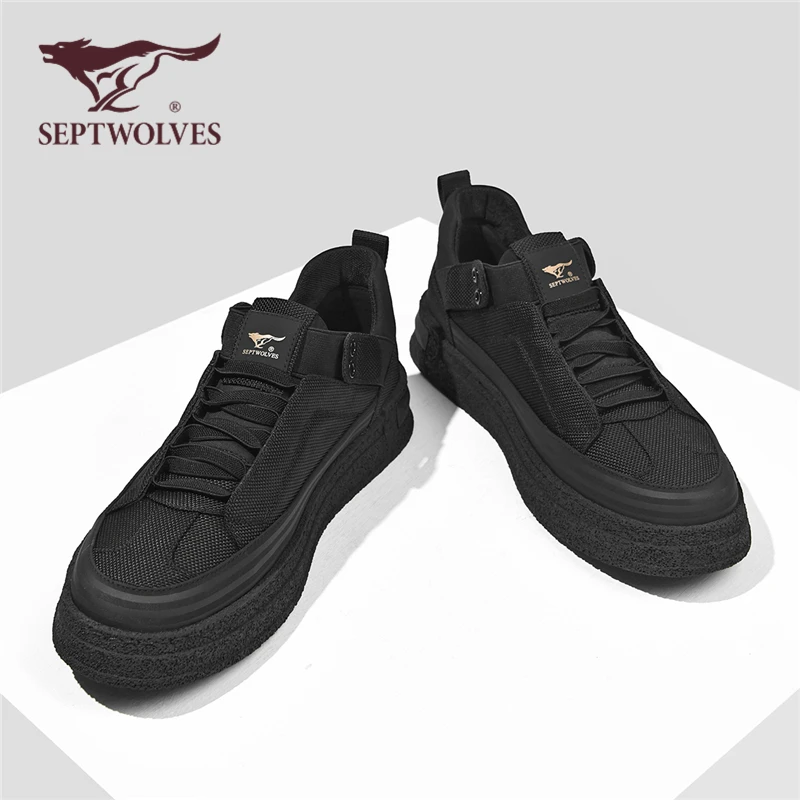 七匹狼厚底男鞋秋季新款增高鞋子男休闲潮鞋原创户外纯黑板鞋男款