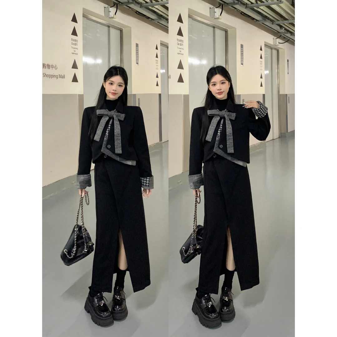 千金风蝴蝶结系带宽松立体裁剪毛呢拼接夹棉外套半身裙两件套