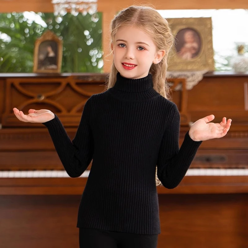 黑色毛衣女童毛衣秋冬季2025新款高领加厚儿童针织打底衫纯色线衣