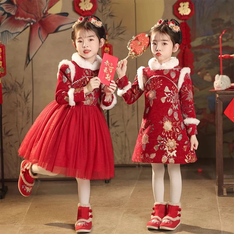 汉服女童唐装拜年服冬季加厚古装高端女孩中国风旗袍新年过年衣服