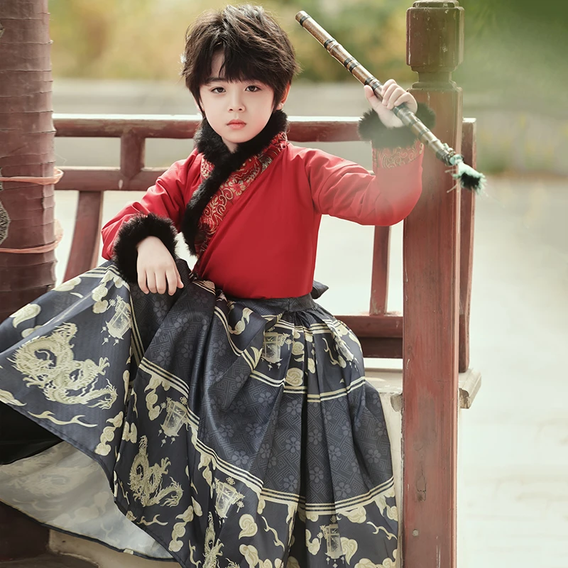 男童马面裙套装冬款加绒加厚中国风儿童汉服帅气国学演出服拜年服