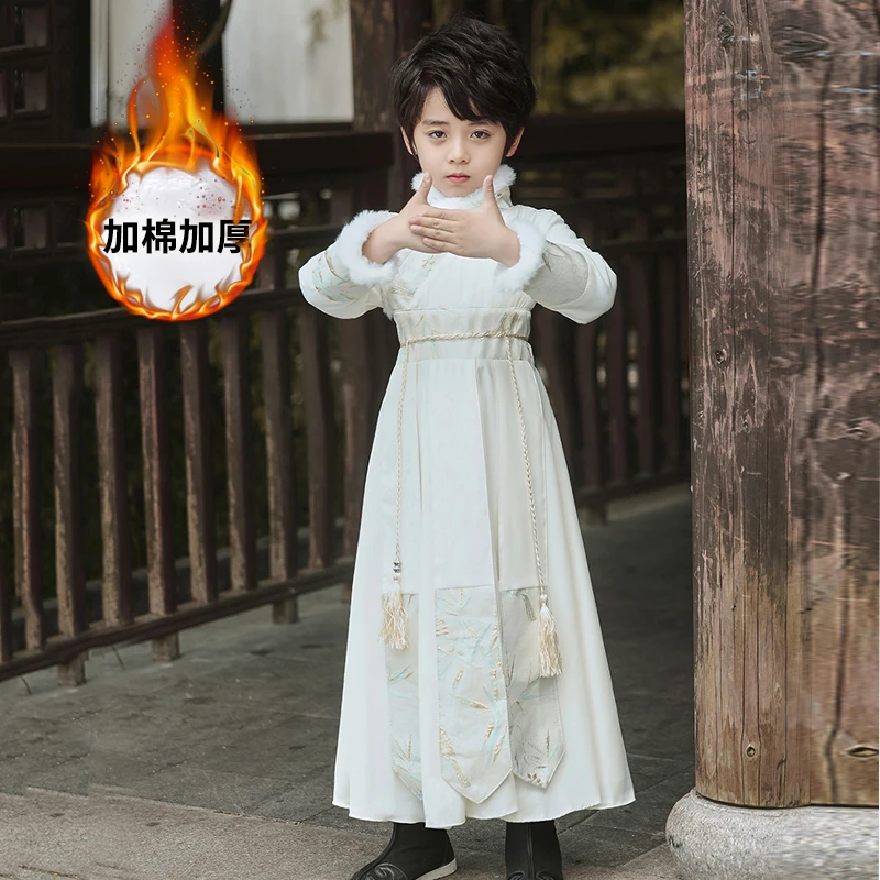 汉服男童冬季加绒国风拜年服2025新款男孩古装加厚唐装元旦演出服