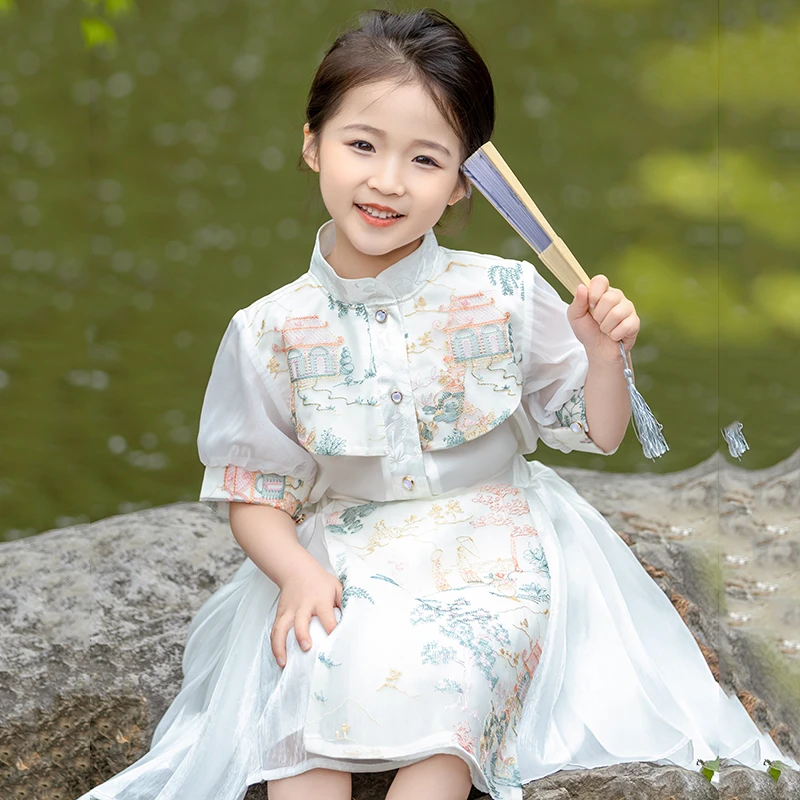 国风女童马面裙套装夏季短款薄款白色汉服裙子儿童高端中国风唐装
