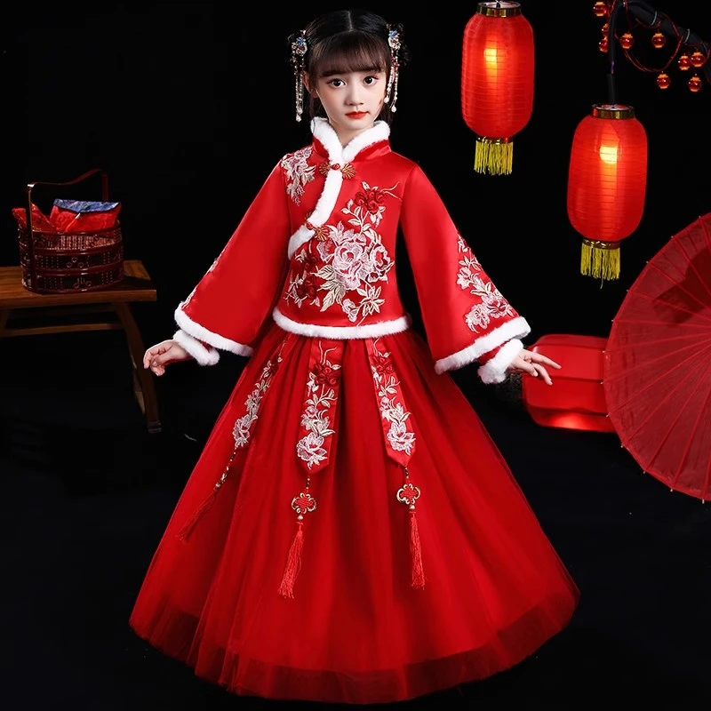 女童拜年服冬装加厚新年过年服中国风唐装红色儿童汉服女古装喜庆