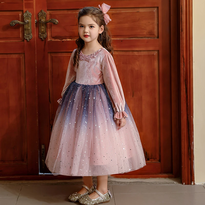 儿童礼服裙丝绒长袖秋款小女孩生日公主裙女童主持人钢琴演出服装