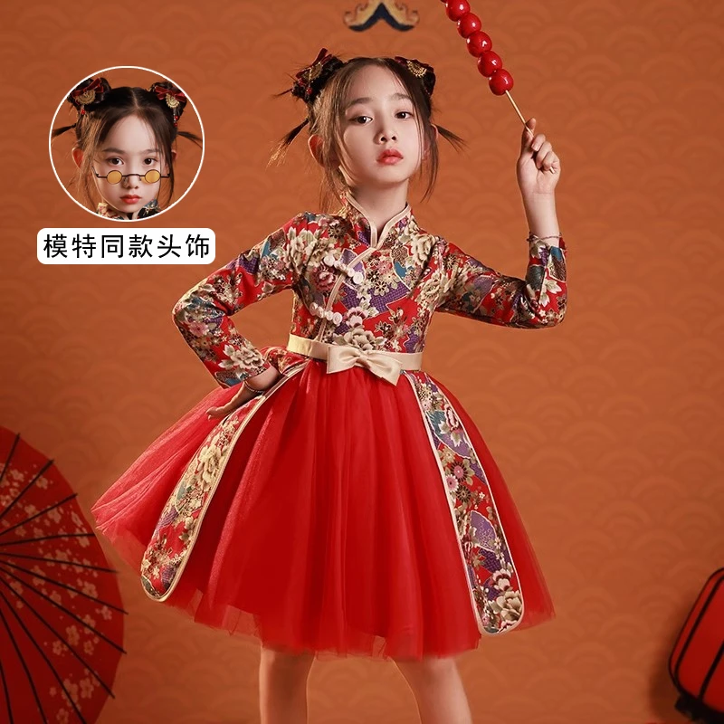 国庆演出服女童汉服冬季过年衣服拜年服女孩国风裙子女宝新年唐装