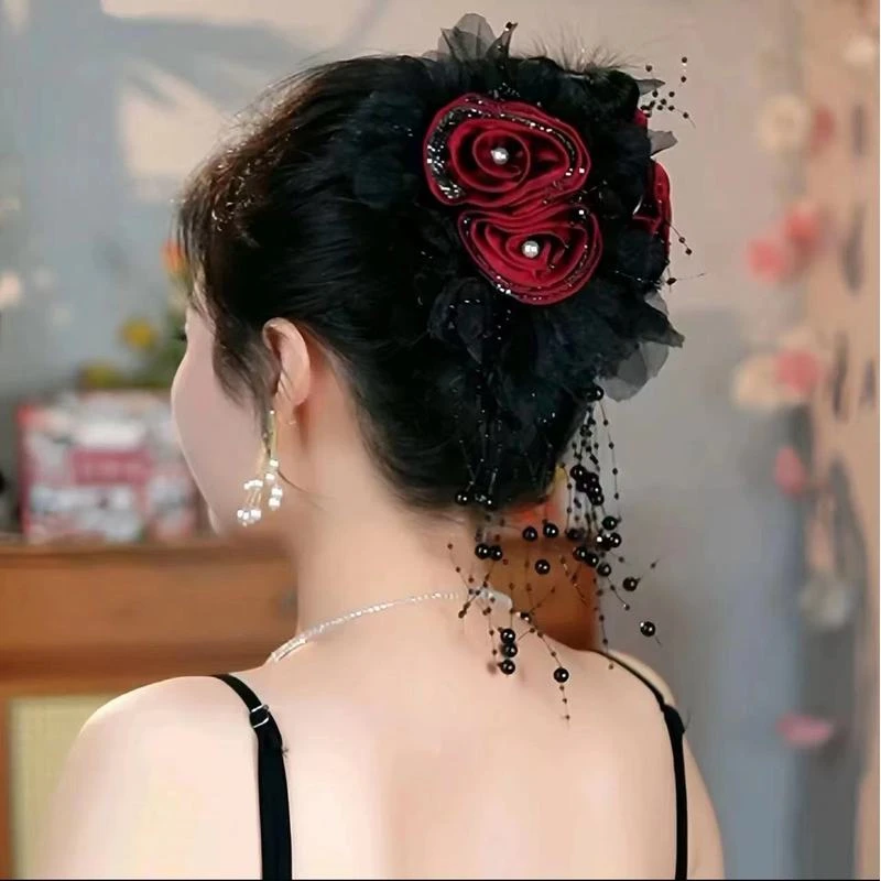 韩式手工带钻花朵流苏抓夹气质百搭复古鲨鱼夹显发量头饰发夹