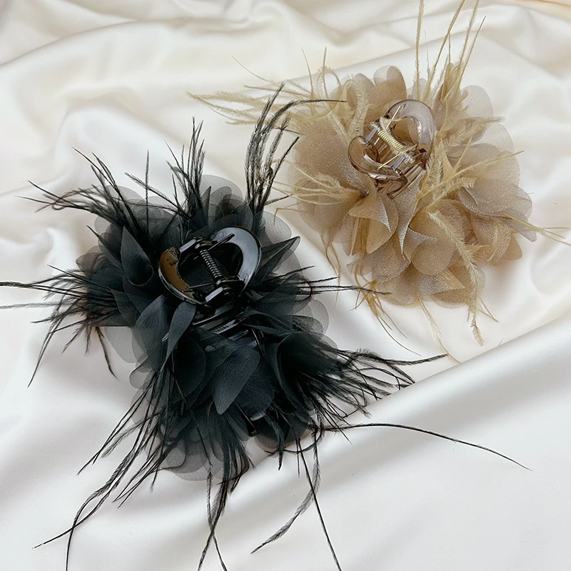 【GeLin精品】轻奢名媛风发夹羽毛网纱花朵抓夹发饰高级感鲨鱼夹