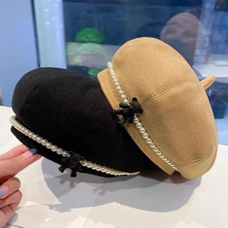 儿童名媛雷帽秋冬宝宝穿搭时珍珠帽子童帽