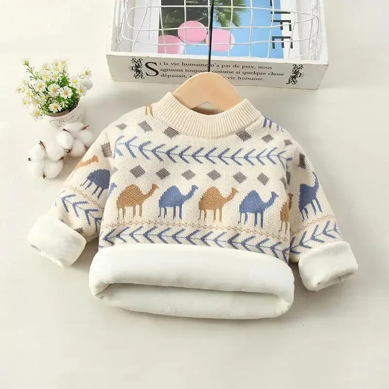 男童毛衣套头加绒秋冬新款中小童气男孩儿童一体绒针织打底衫潮