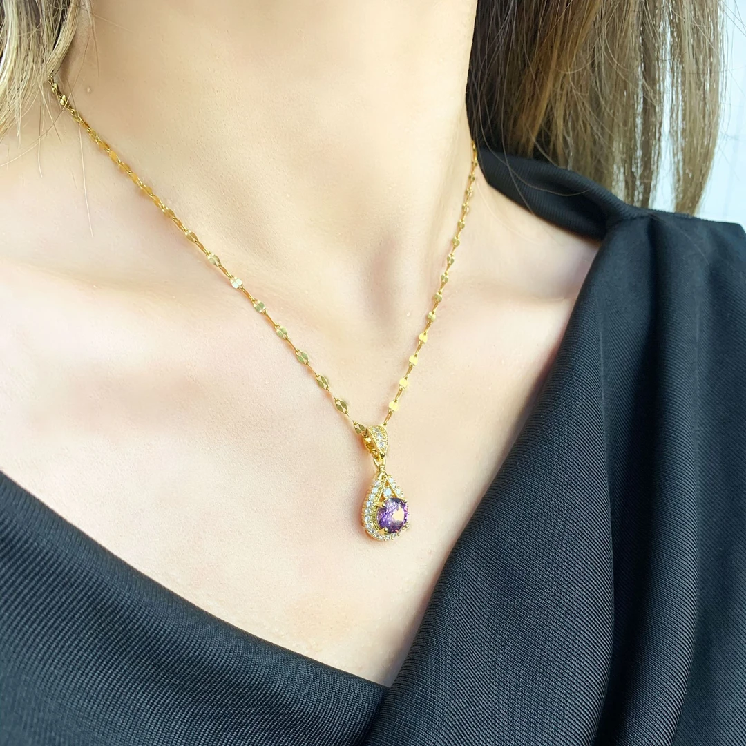 韩贝蓓 钛钢项链 紫色锆石水滴项链轻奢时尚百搭网红钛钢锁骨链女