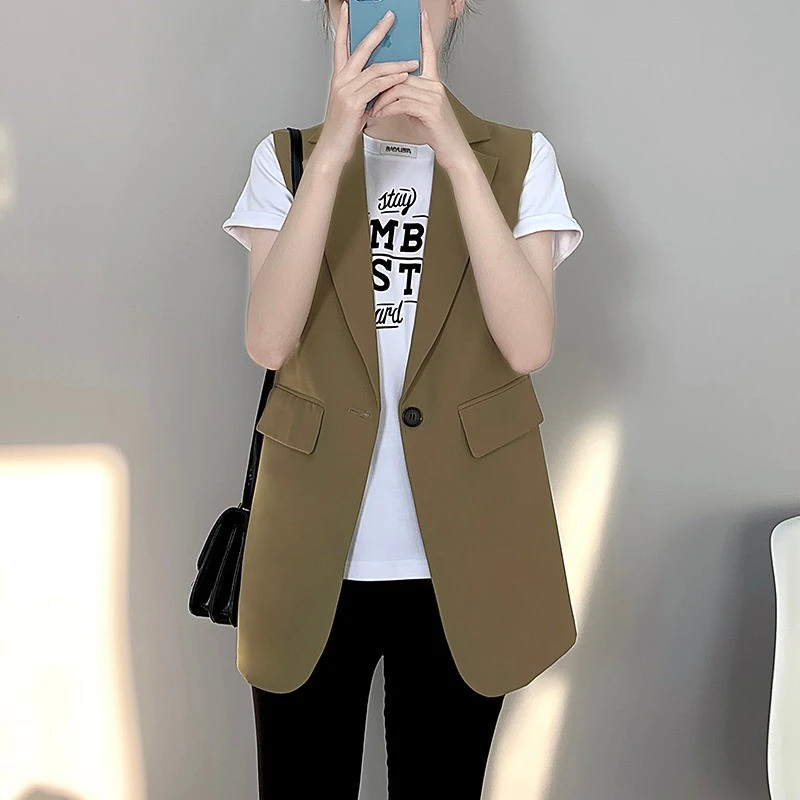 斜纹西装马甲女外套春秋季夏薄款小个子宽松无袖坎肩西服背心外搭