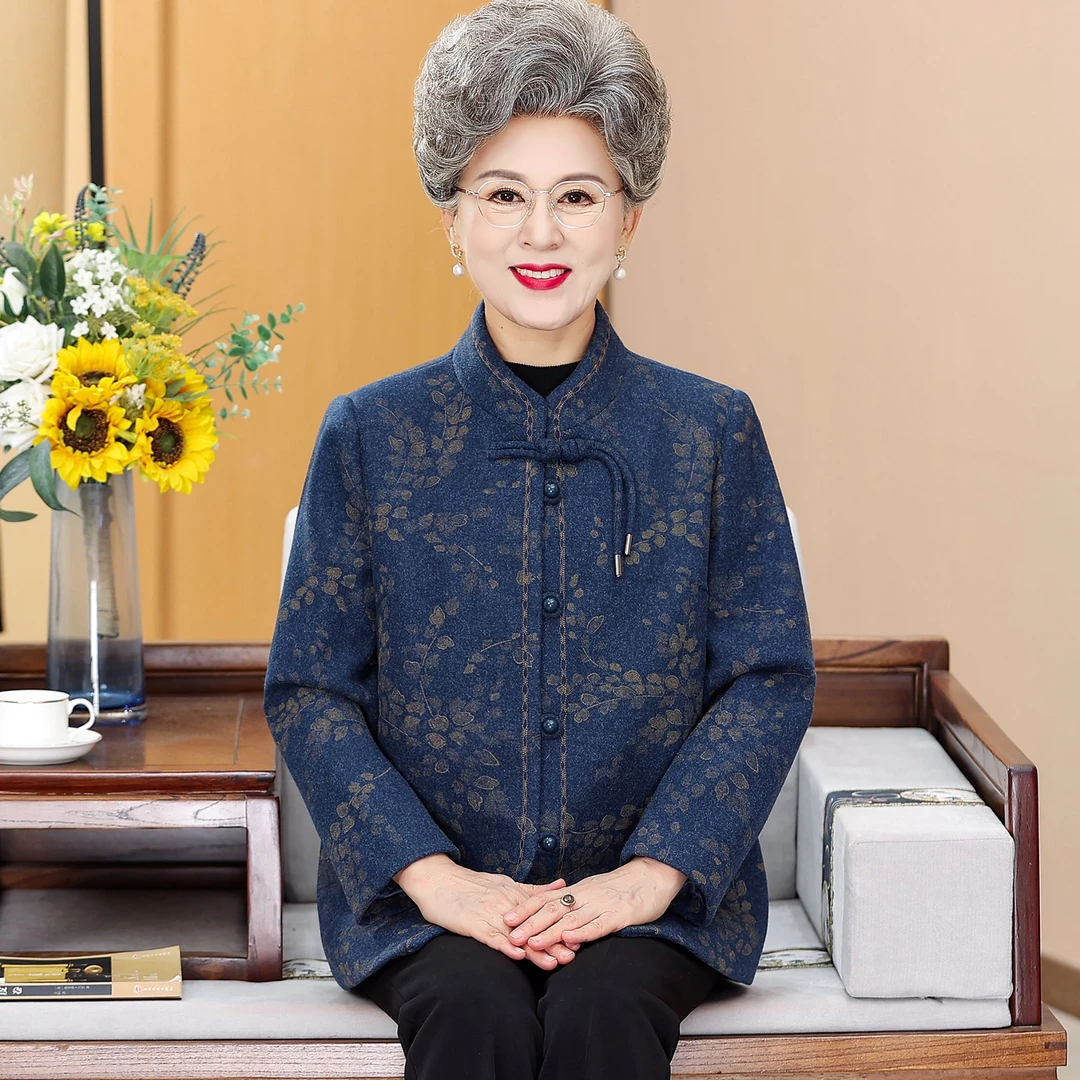 老年人秋装女老太太新款上衣老人衣服奶奶春秋季唐装毛呢薄外套