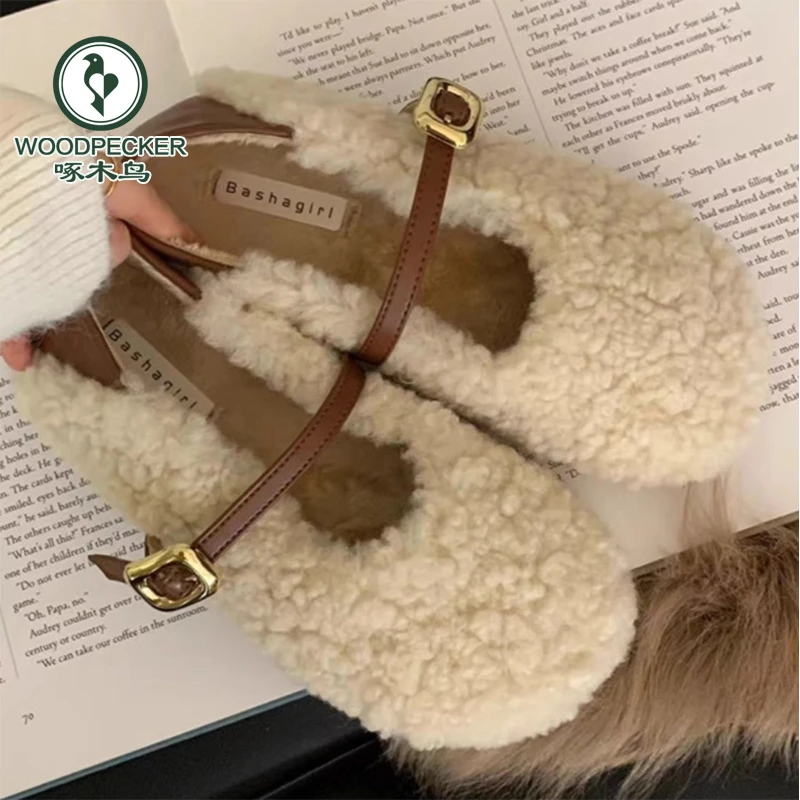 啄木鸟温柔可爱毛毛鞋2024年新款甜美chic美拉德加绒一字带豆豆鞋